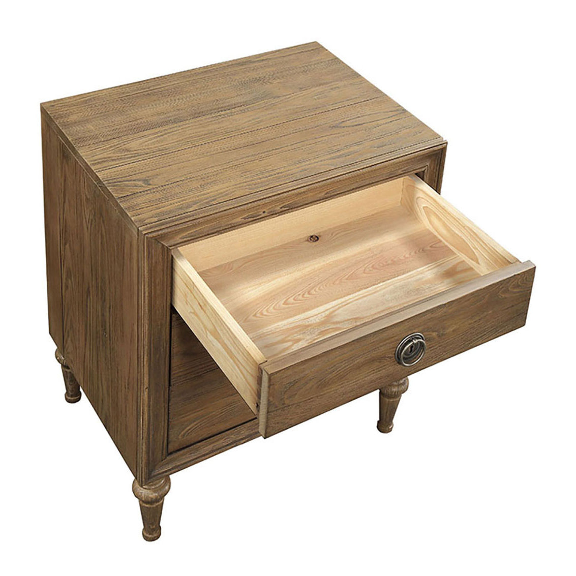 Rustic wood nightstand with one open drawer showcasing natural grain