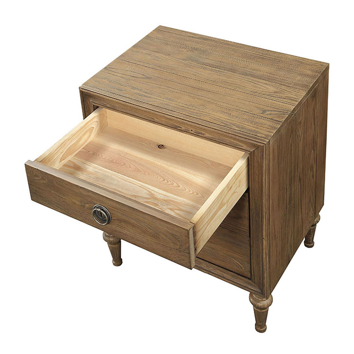 Rustic brown wood nightstand with one open drawer and ornate knob