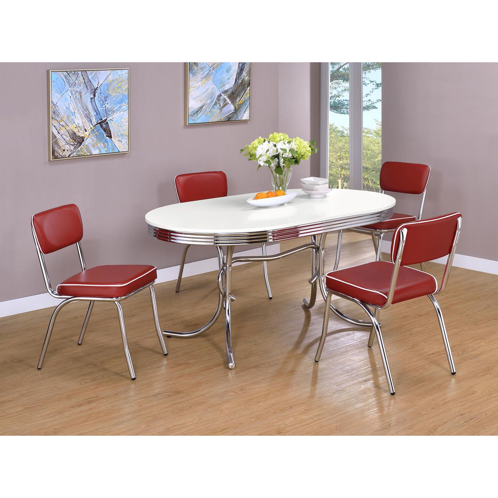 Red retro diner chairs with white trim and chrome legs a perfect set for any kitchen