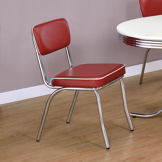 Red vinyl retro diner chair with chrome frame and white piping detail