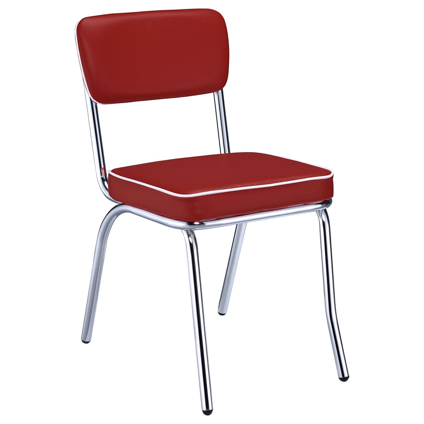 Retro diner chair with red vinyl upholstery and white piping on chrome legs