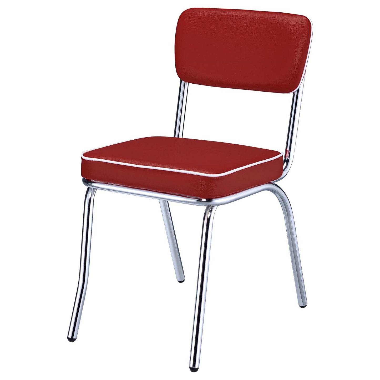 Red vinyl diner chair with white piping and chrome legs