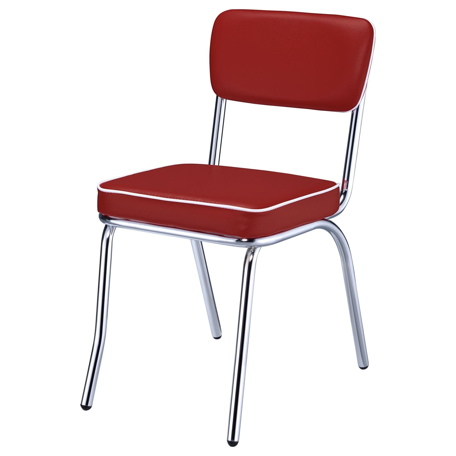 Red vinyl diner chair with white piping and chrome legs
