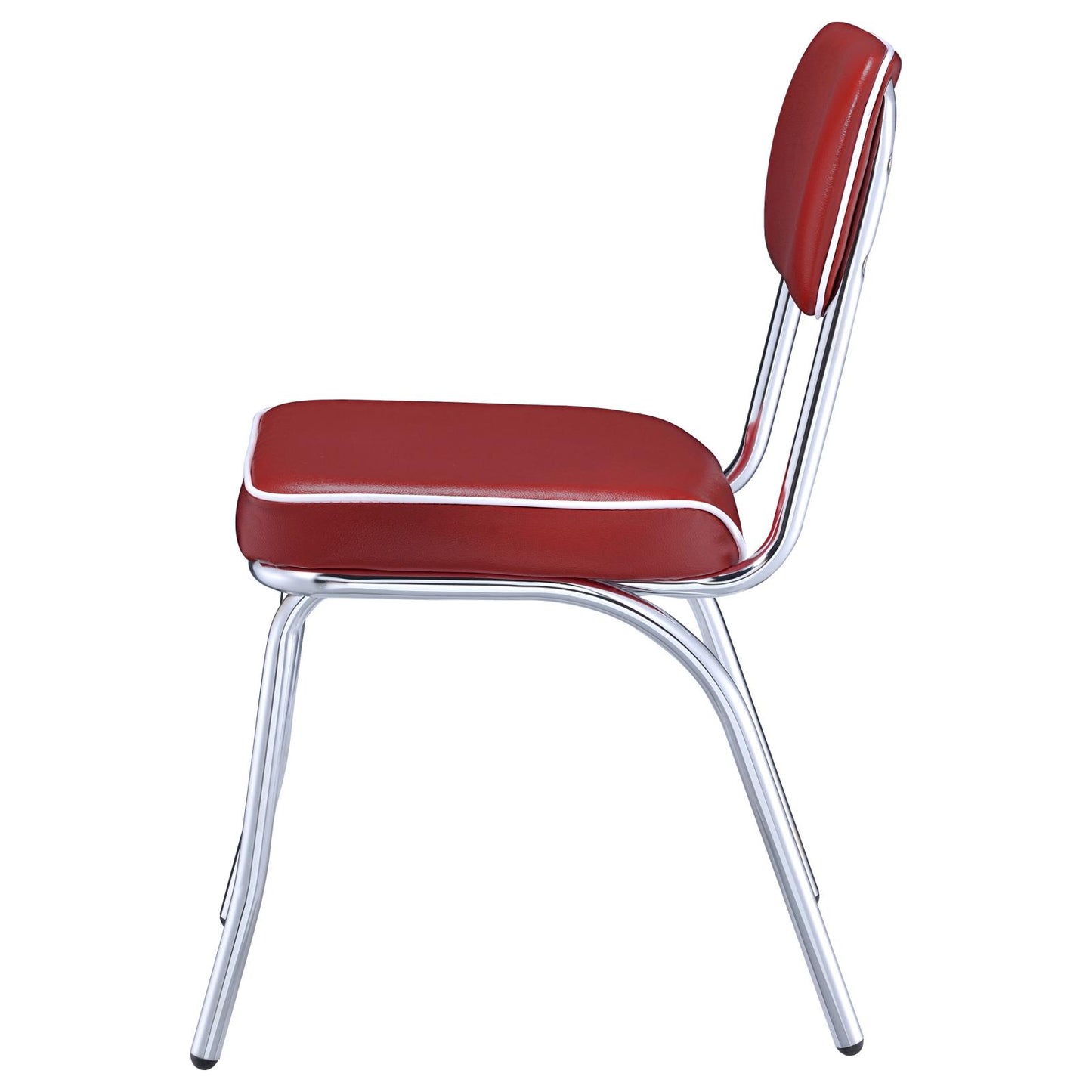 Red vinyl diner chair with white piping and chrome legs