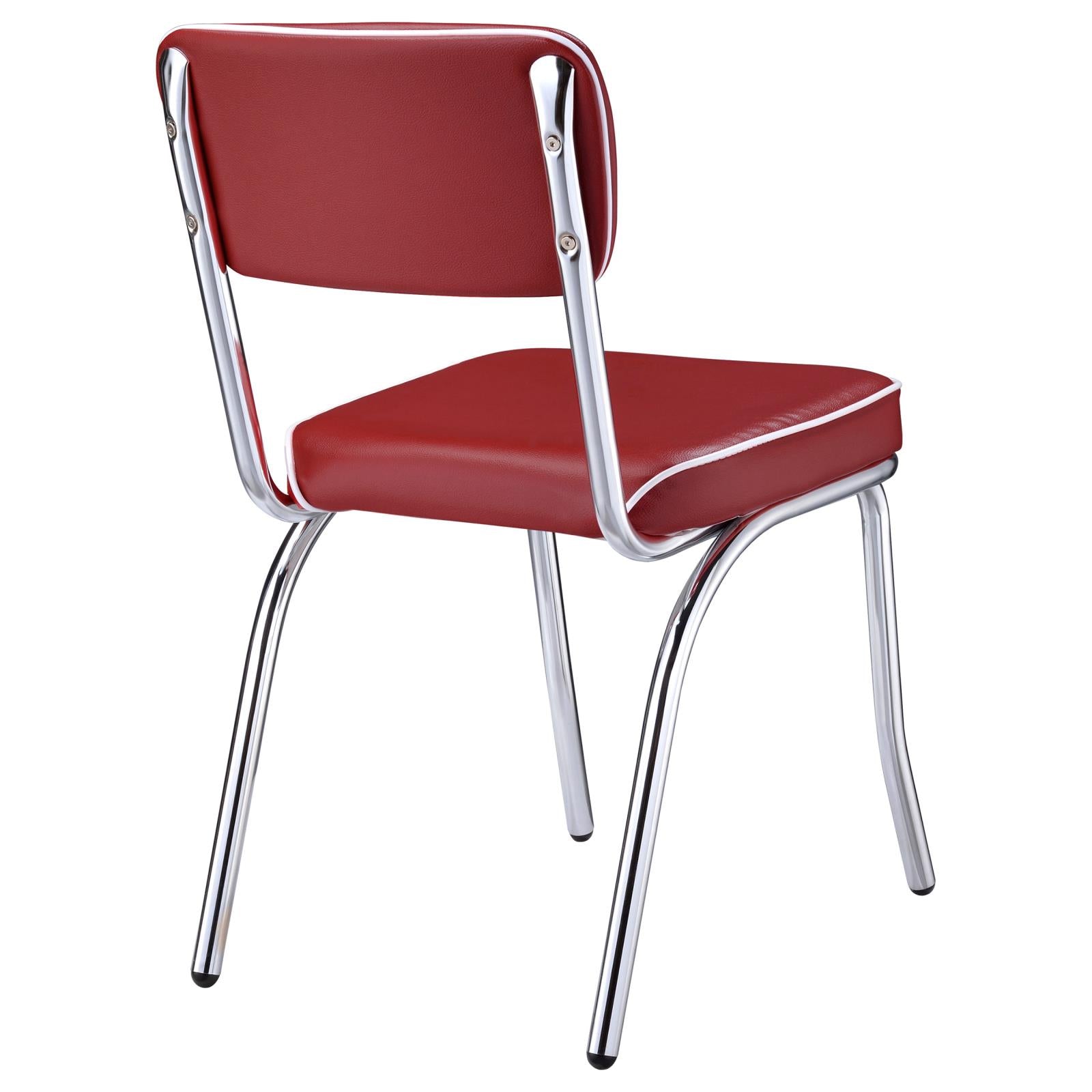 Retro red vinyl diner chair with white piping and chrome legs