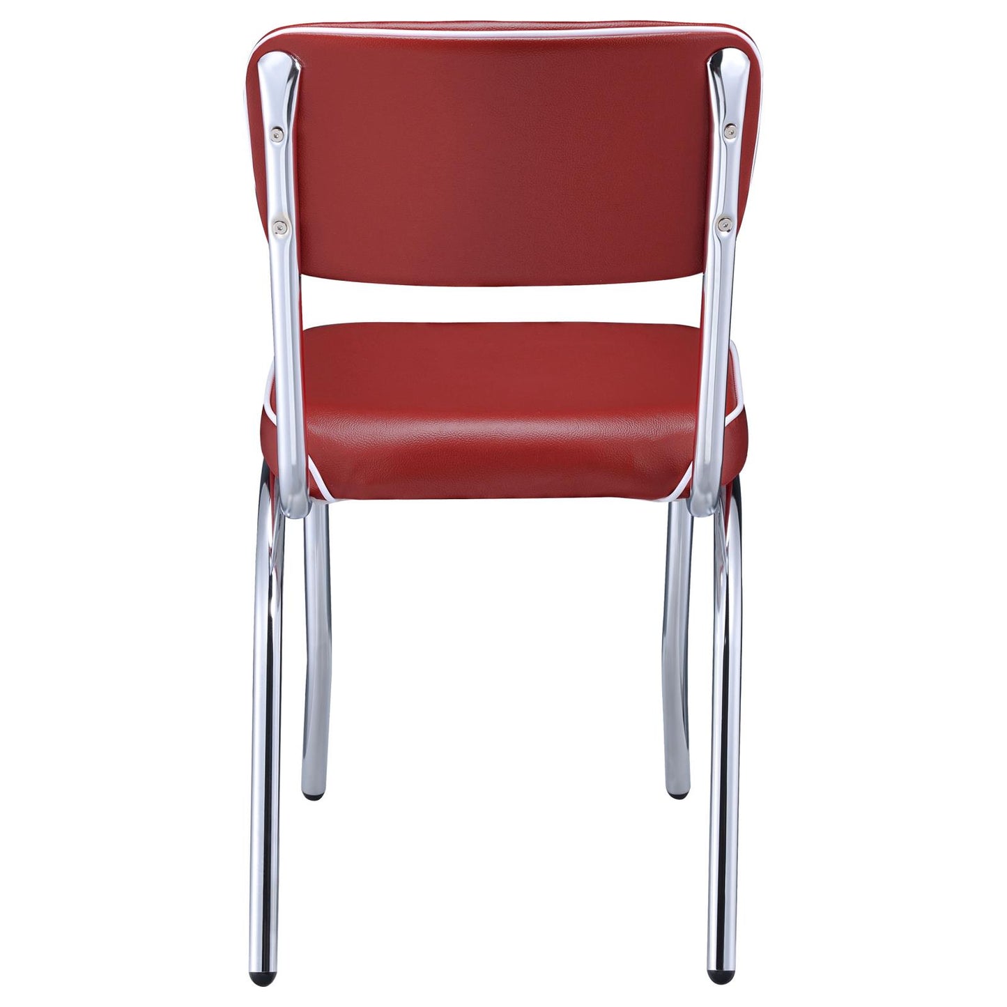 Red vinyl diner chair with chrome legs and white piping detail