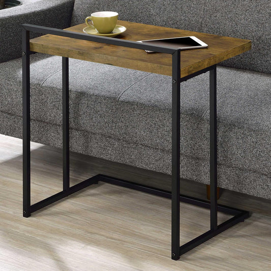 Rustic brown wood Ctable with black metal frame perfect for sofa use