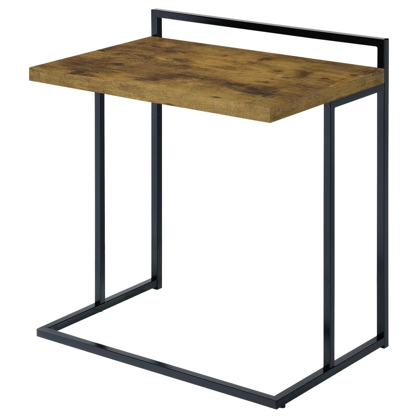 Cshaped coffee table with rustic wood top and black metal frame