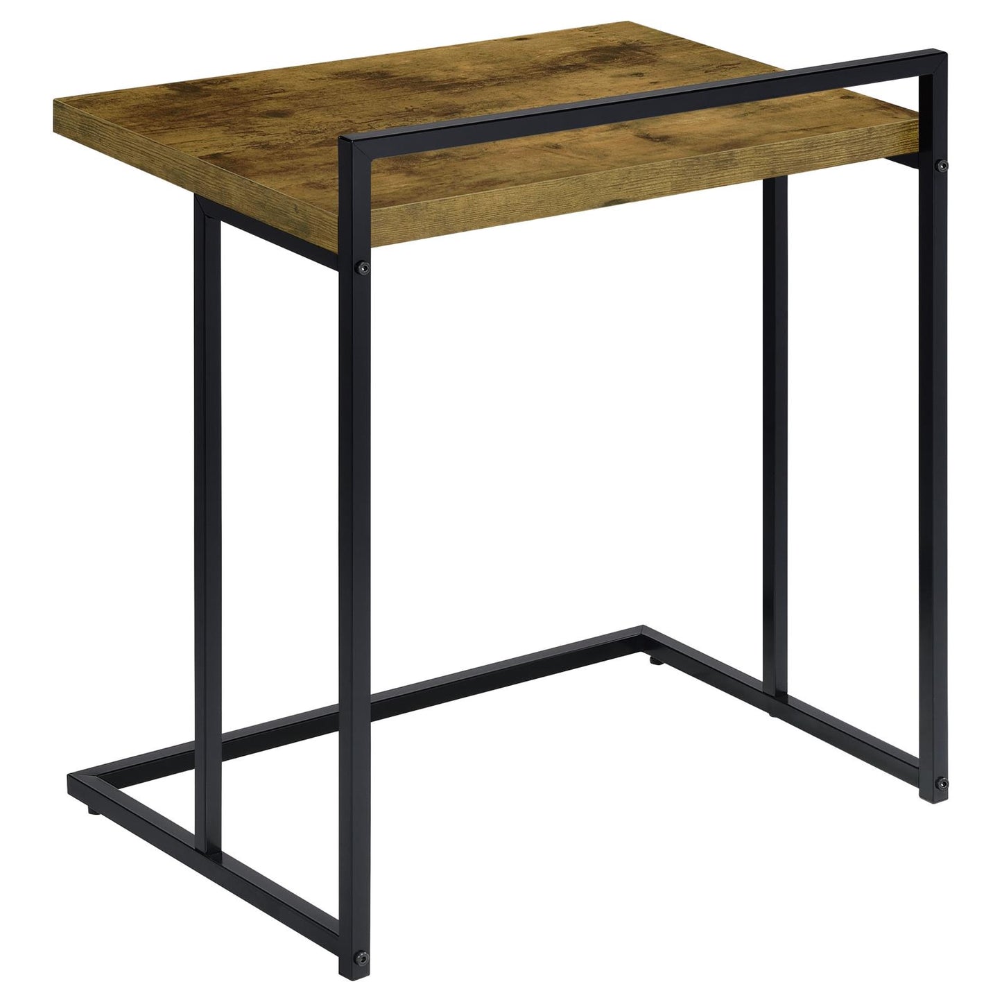 Rustic woodlook top end table with black metal frame and sleek minimalist design