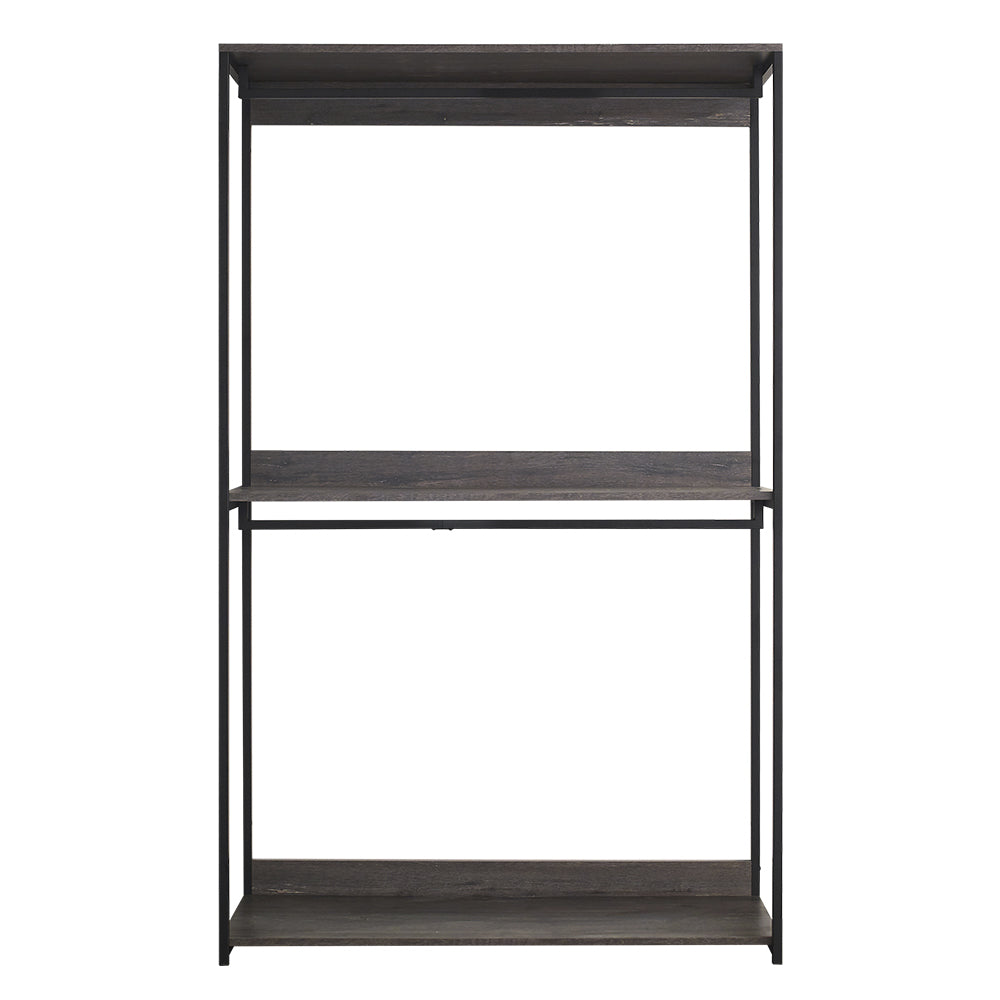 Open wardrobe with dark wood shelves and black metal frame