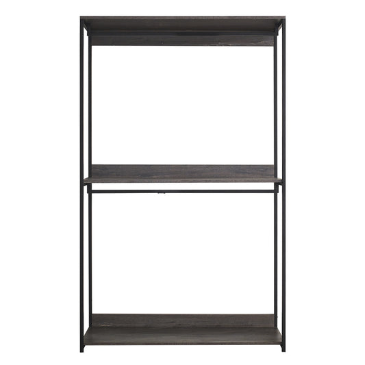 Open wardrobe with dark wood shelves and black metal frame
