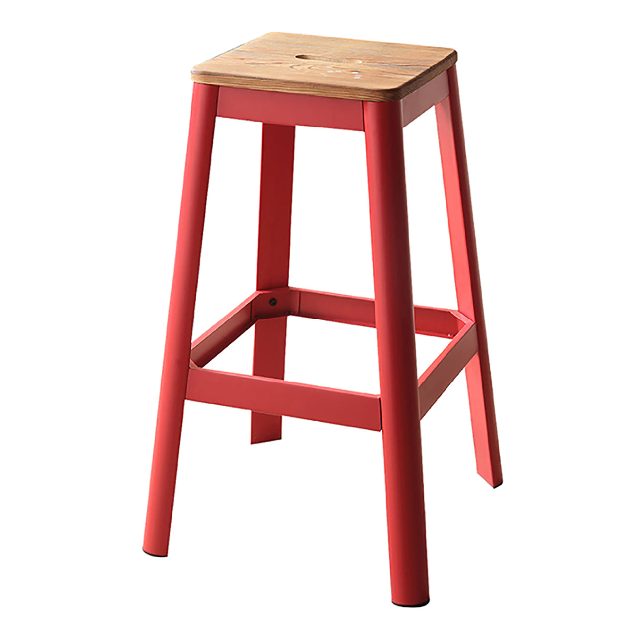 Red metal bar stool with a light wood seat perfect for modern kitchens