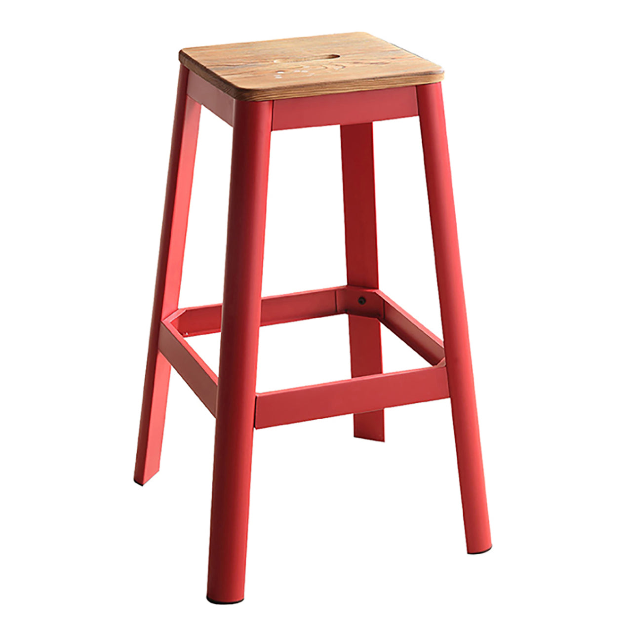 Red metal bar stool with a distressed wood seat perfect for modern kitchens