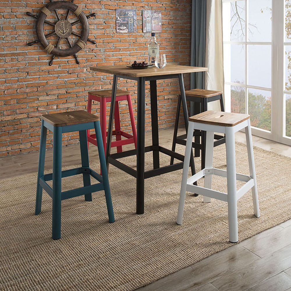 Turquoise metal bar stool with natural wood seat perfect for a modern kitchen island