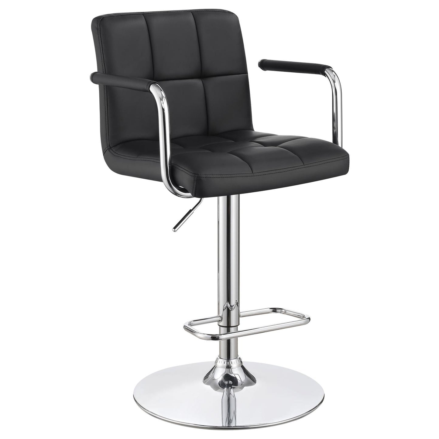 Black faux leather bar stool with tufted seat and chrome accents