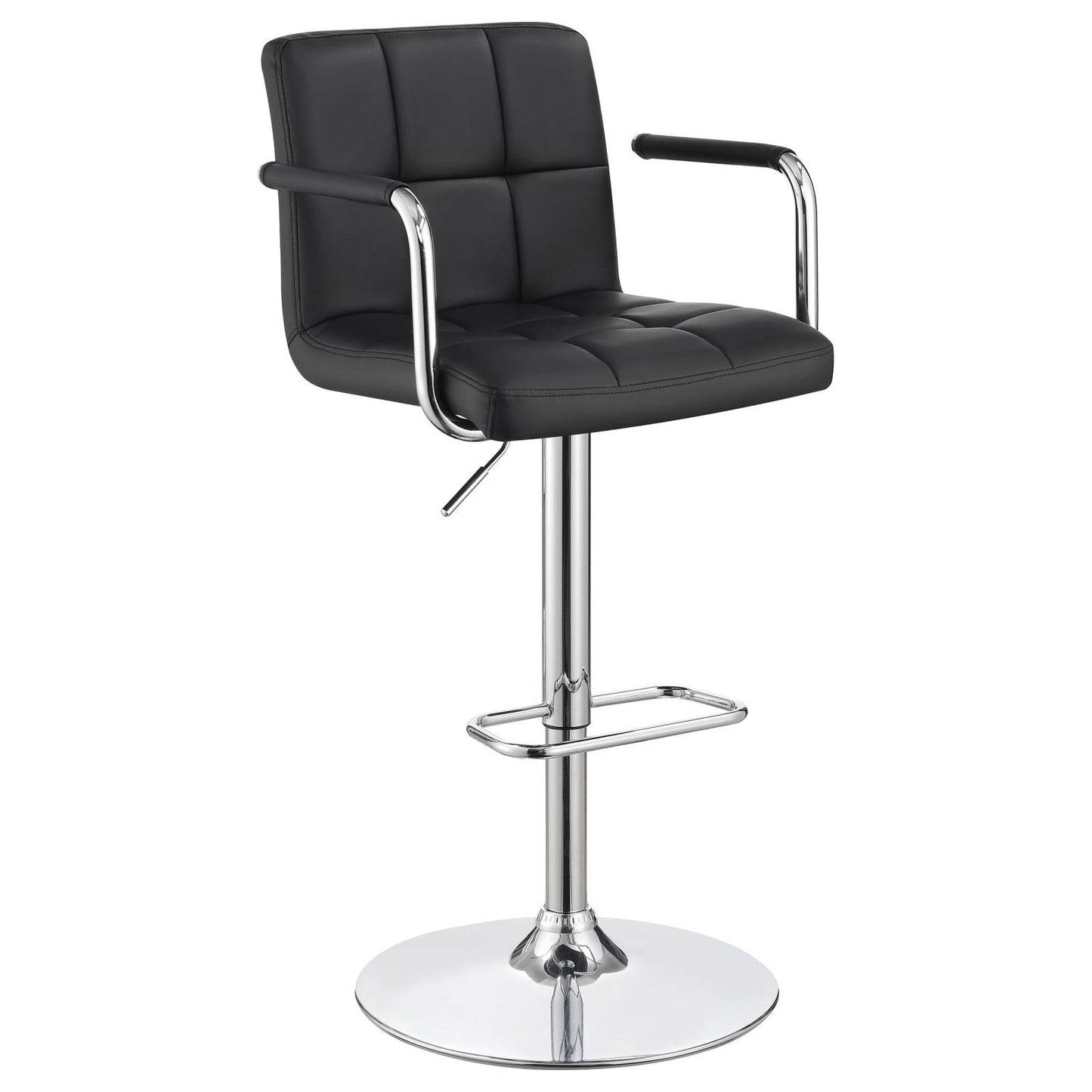 Black leather adjustable bar stool with chrome accents and armrests