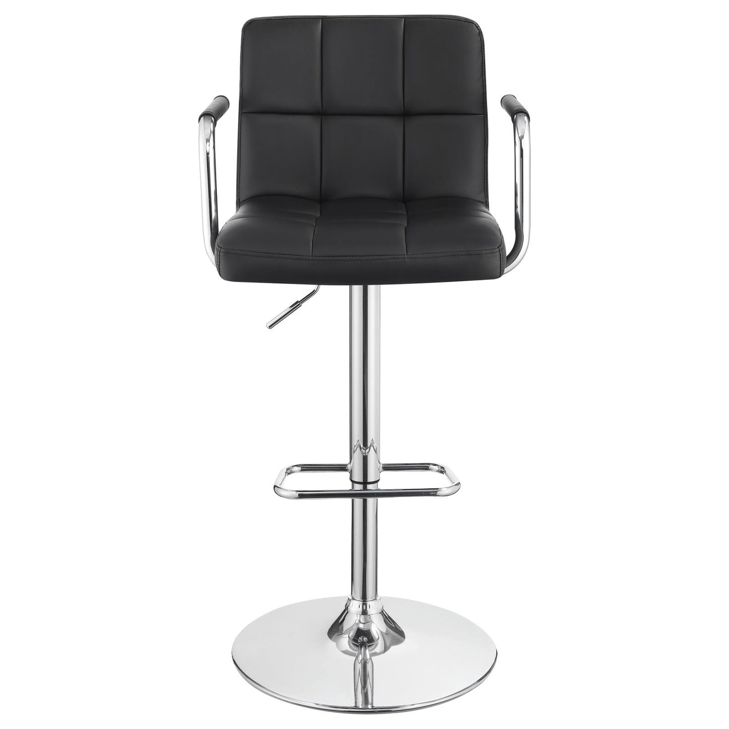 Black tufted faux leather bar stool with chrome accents and adjustable height
