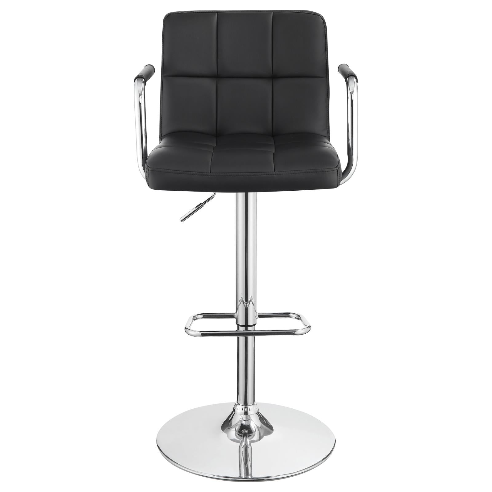 Black tufted faux leather bar stool with chrome accents and adjustable height