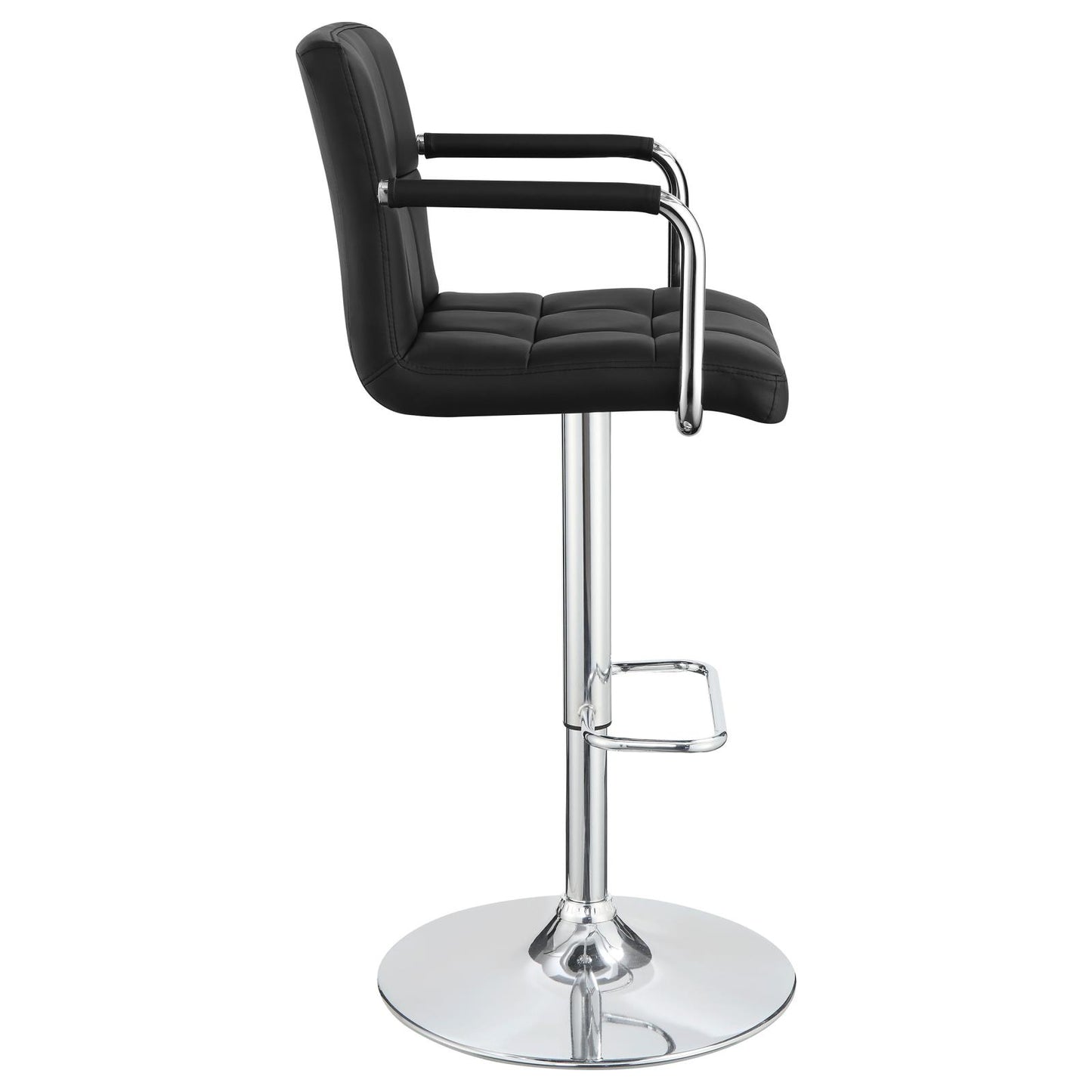 Black padded faux leather bar stool with chrome accents and footrest