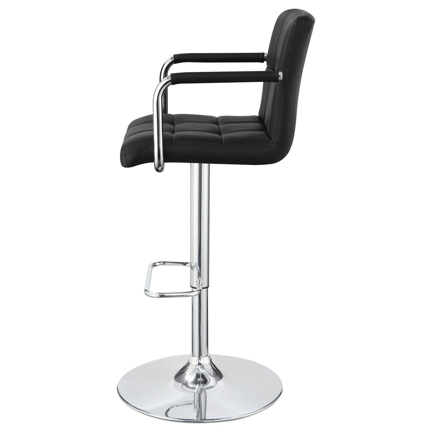 Black tufted faux leather bar stool with chrome accents and adjustable height