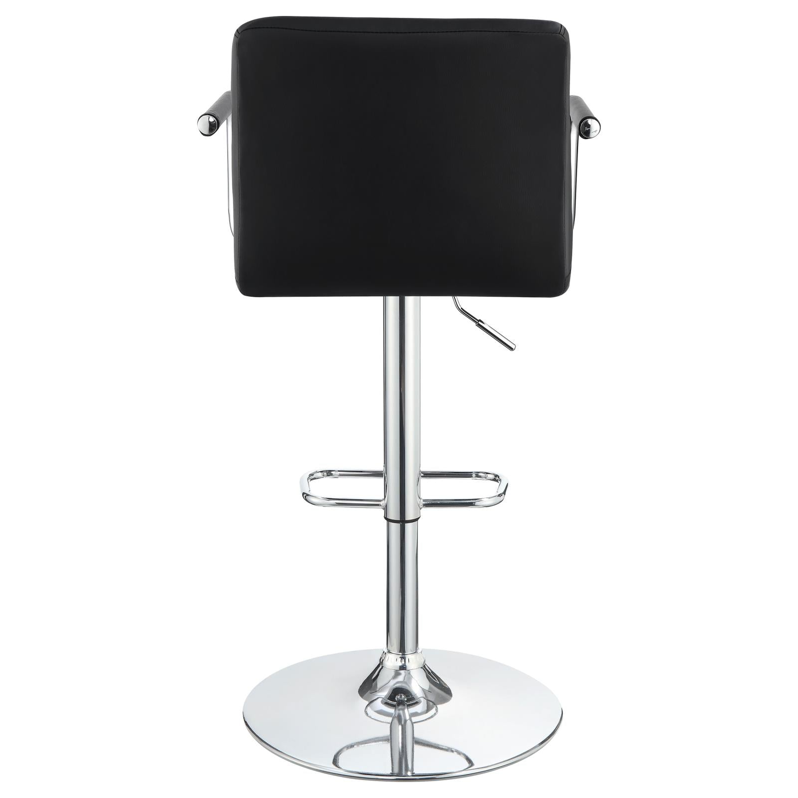 Black leather adjustable bar stool with chrome accents and footrest