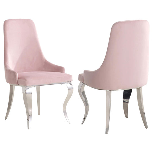 Elegant pink velvet dining chair with polished chrome legs
