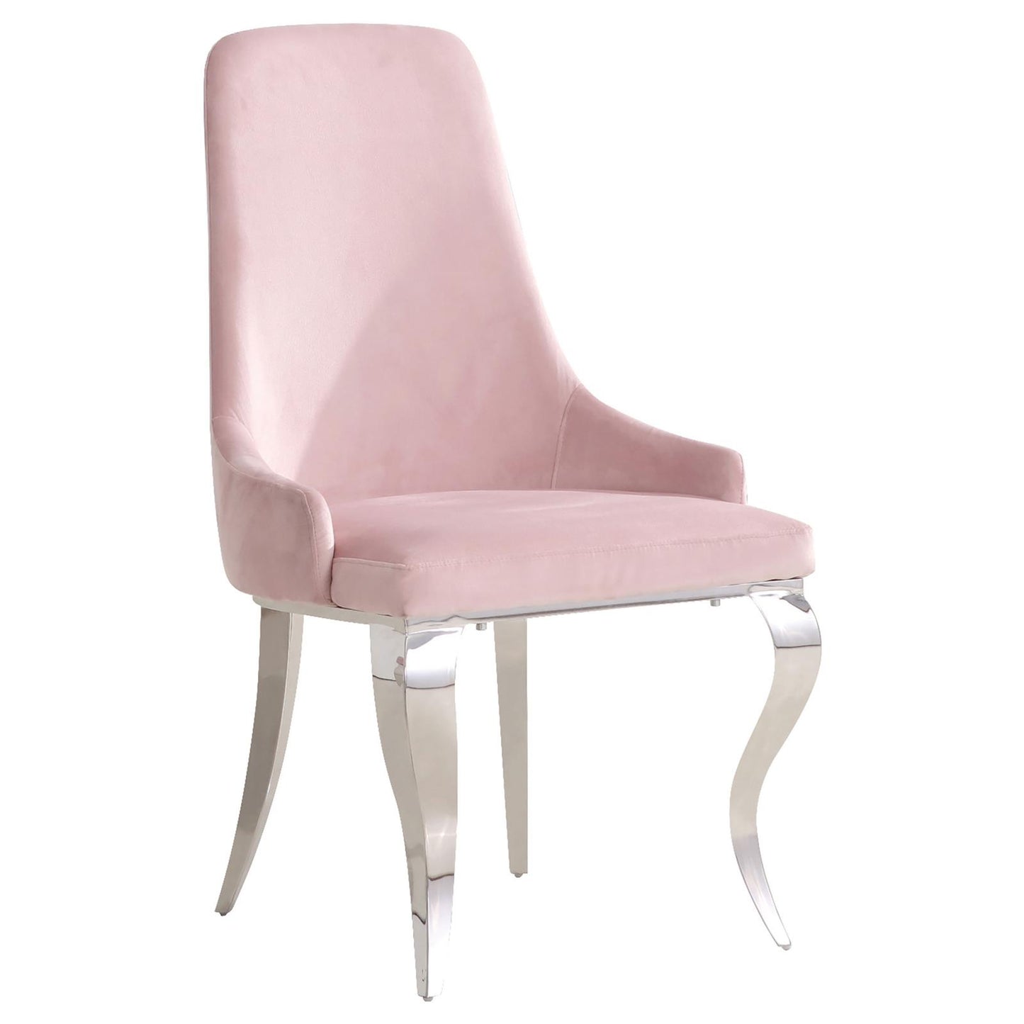 Elegant pink velvet dining chair with curved chrome legs