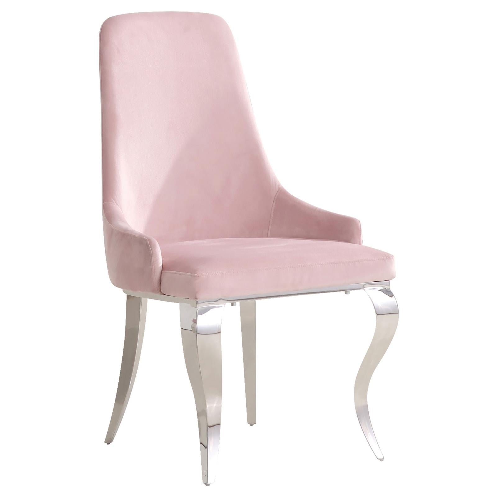 Elegant pink velvet dining chair with curved chrome legs