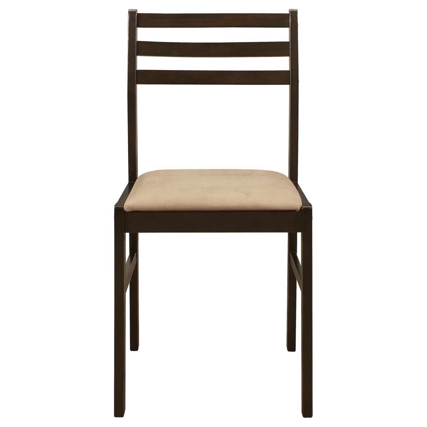 Dark wood dining chair with beige upholstered seat and slatted back