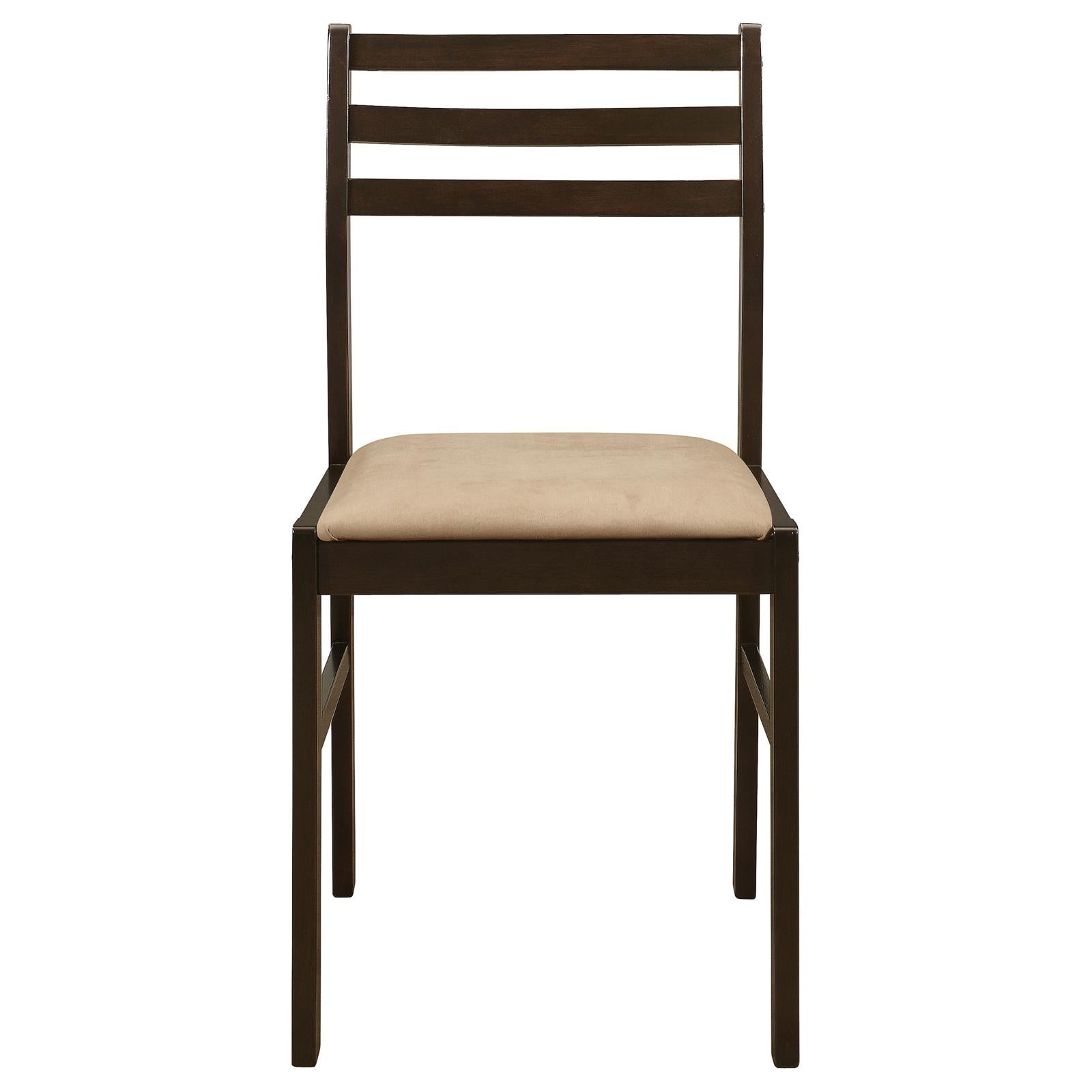 Dark wood dining chair with beige upholstered seat and slatted back