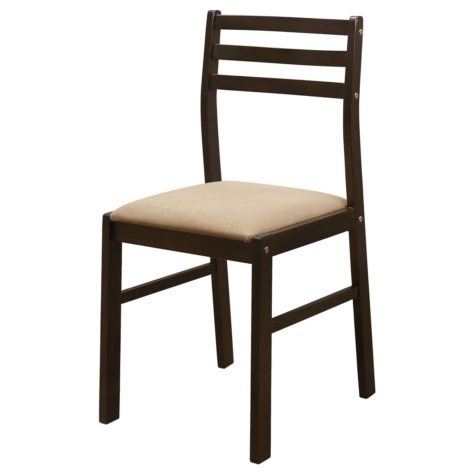 Dark wood dining chair with upholstered tan seat and slatted back
