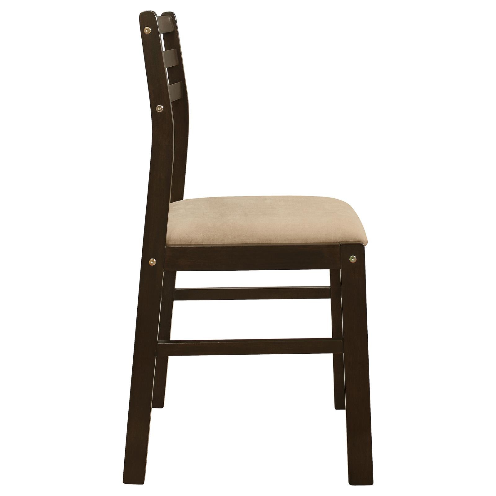 Dark brown wooden dining chair with a beige fabric seat and slatted back