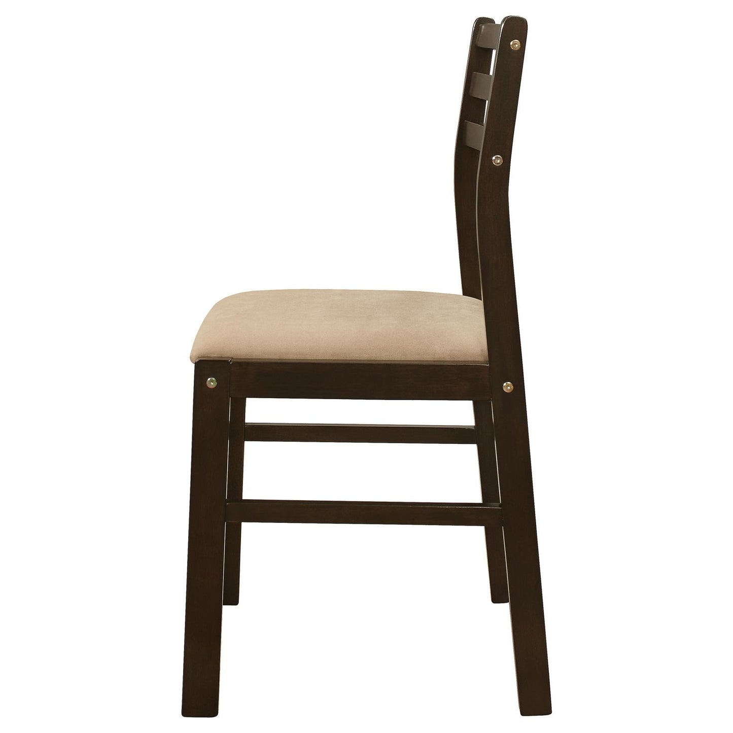 Dark wood dining chair with beige upholstered seat and slatted backrest