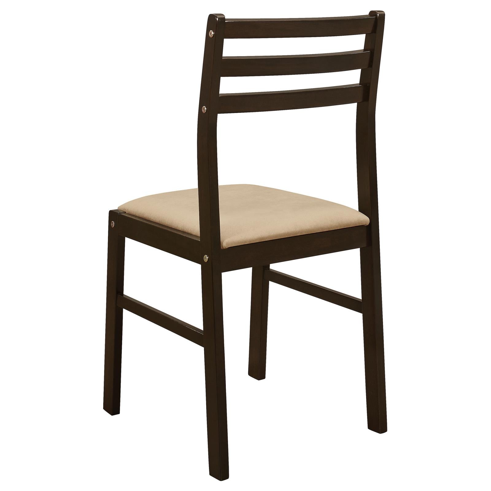 Dark brown wooden dining chair with beige upholstered seat and horizontal back slats