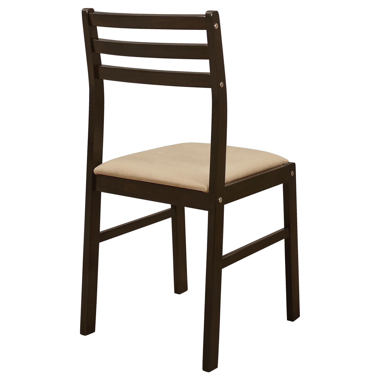 Dark brown wooden dining chair with horizontal slats and a beige upholstered seat