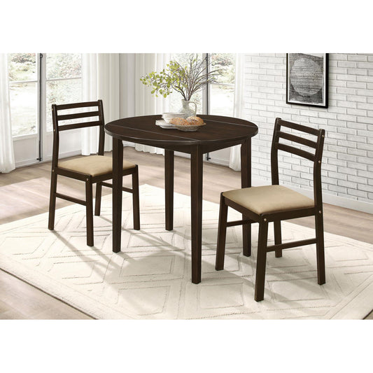 Dark wood round dining table with two upholstered chairs perfect for small spaces