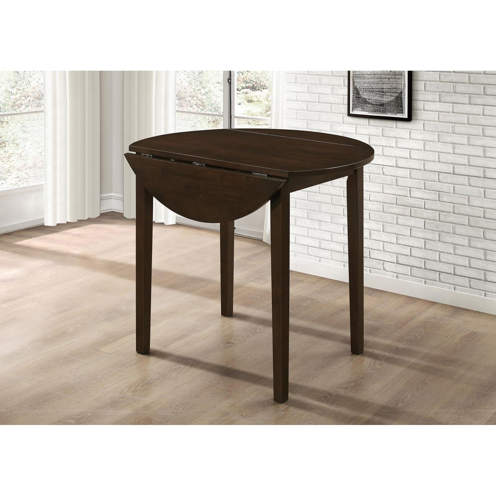 Dark wood drop leaf dining table with a rectangular top and tapered legs