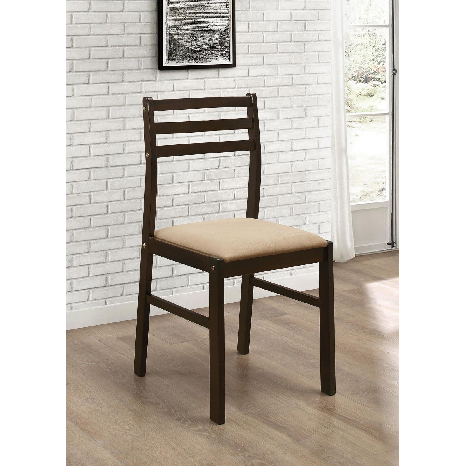 Dark wood dining chair with beige upholstered seat and slatted back