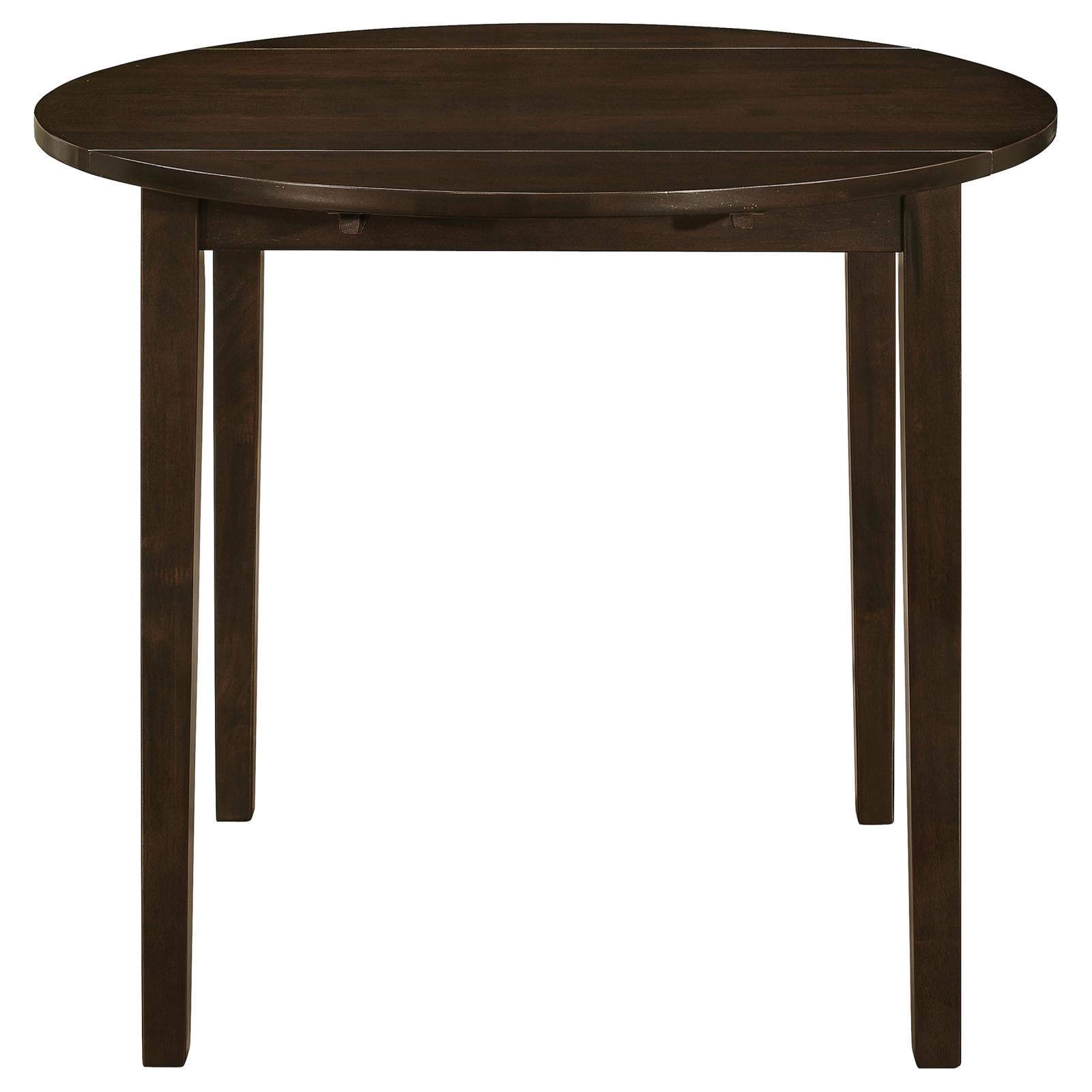 Dark brown round dropleaf dining table with wooden construction
