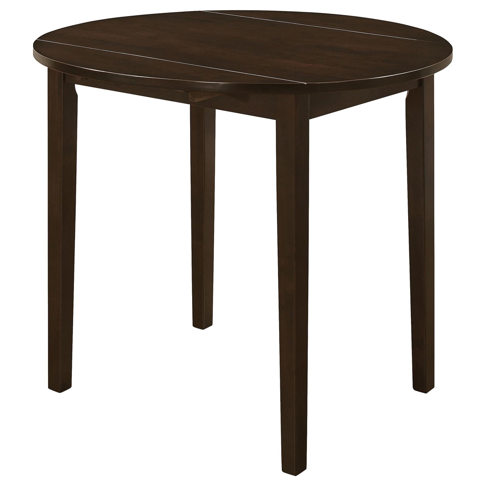 Dark wood round dining table with tapered legs