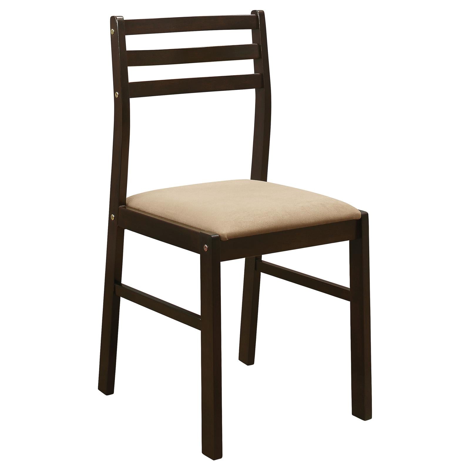 Dark espresso wooden dining chair with beige upholstered seat and three horizontal back slats