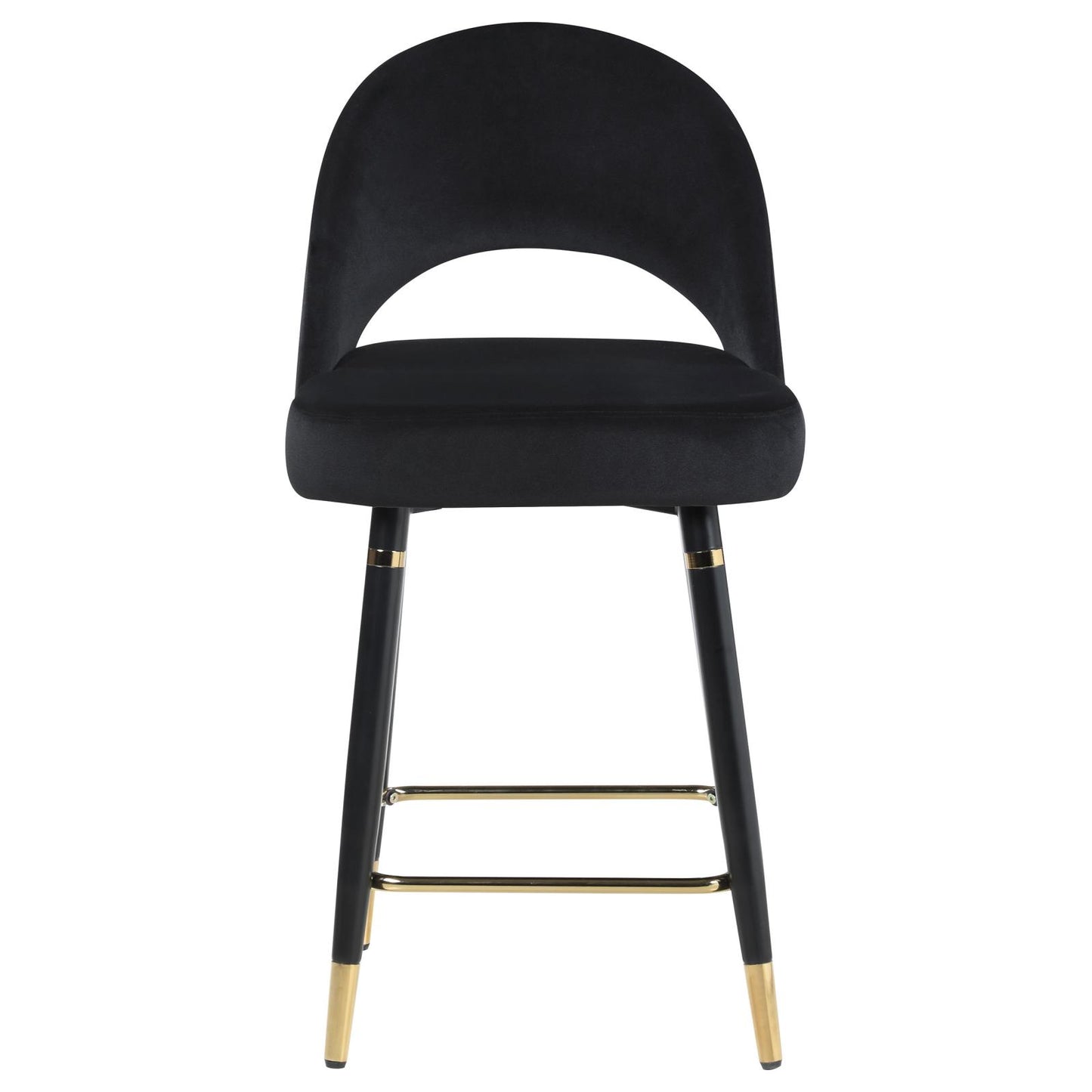 Black velvet bar stool with curved back and gold accents