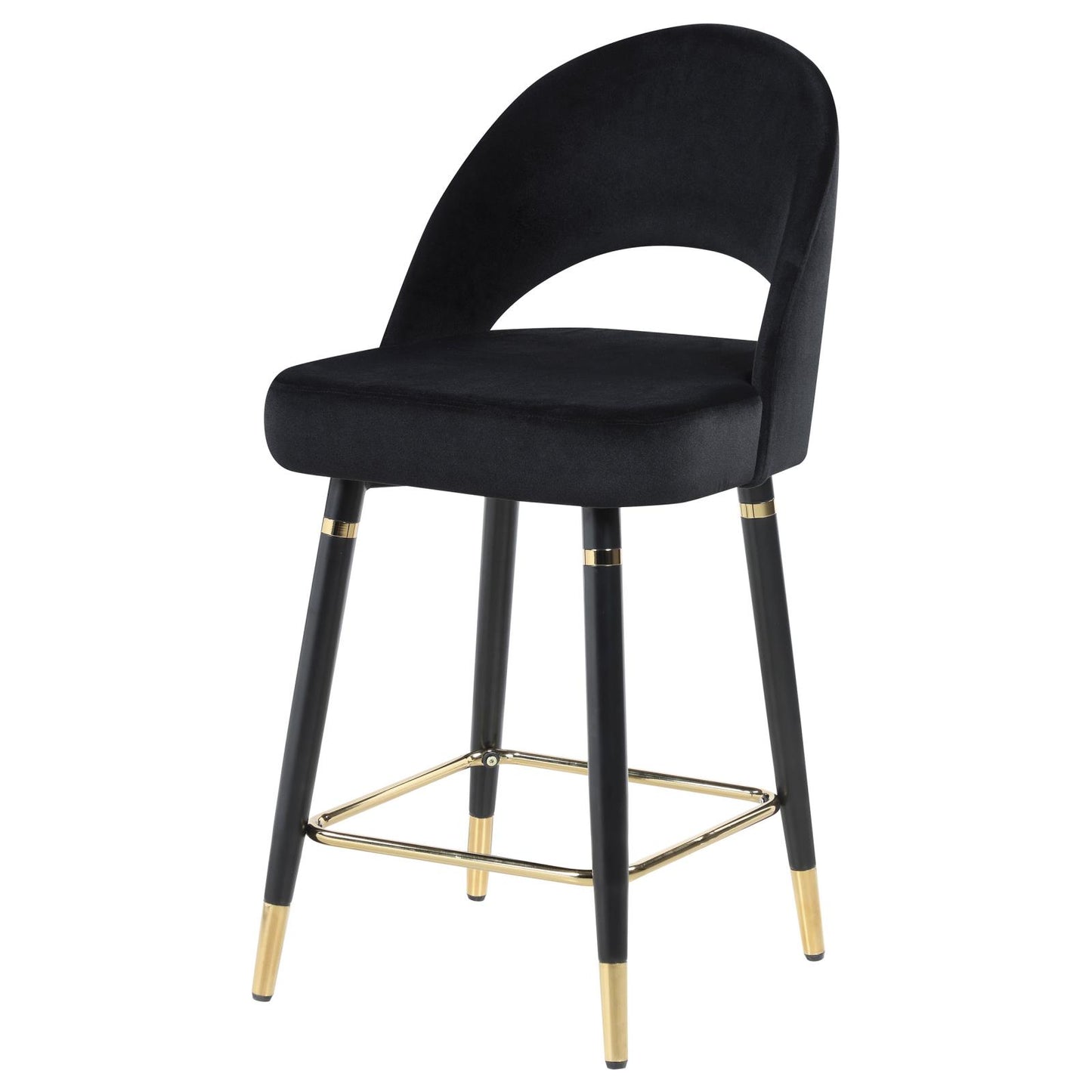 Black velvet bar stool with curved back and gold accents on legs