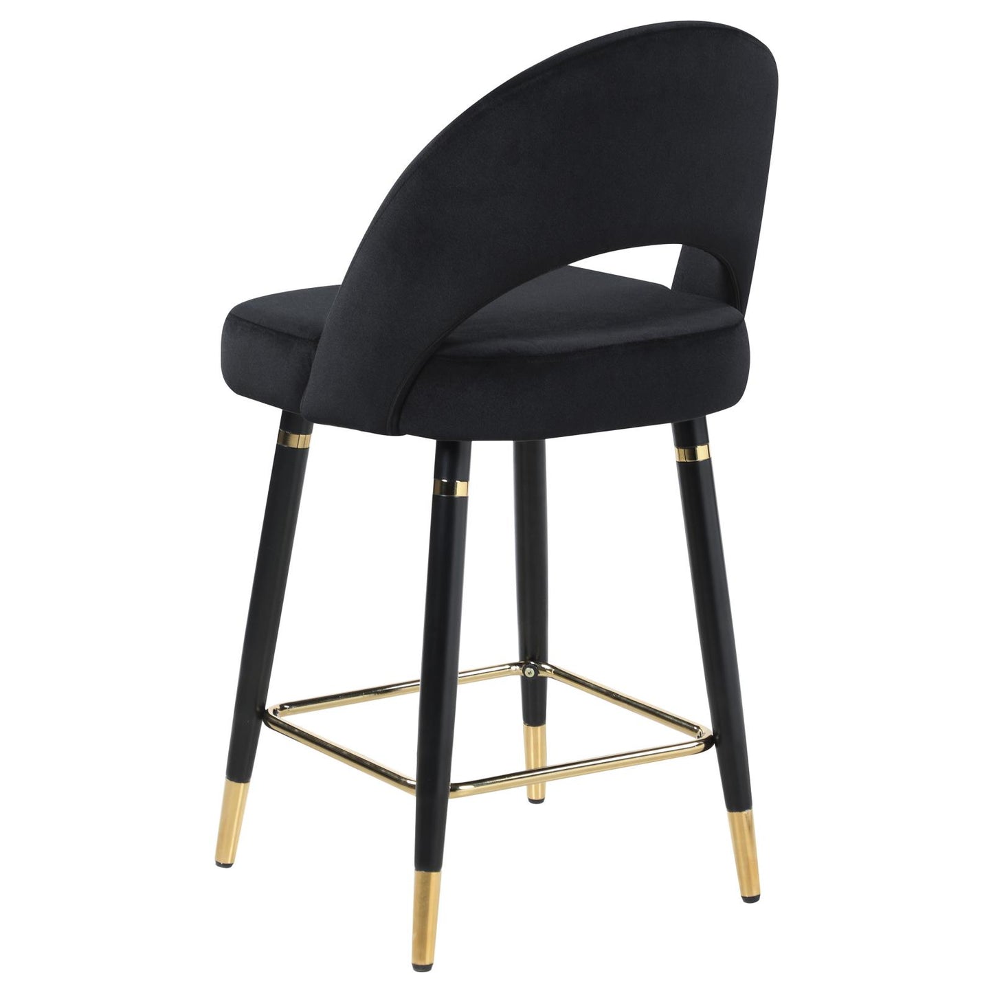Black velvet counter stool with gold accents and curved back