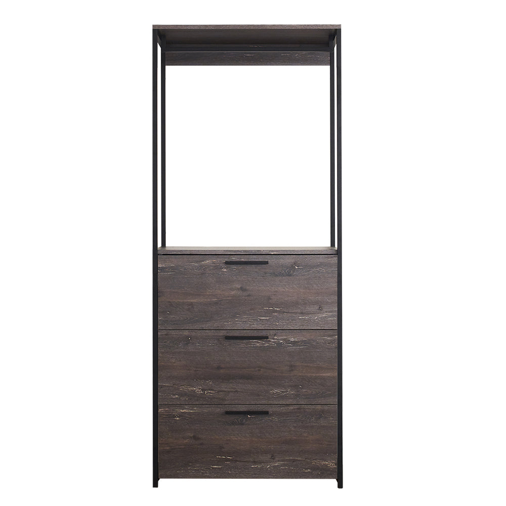 Tall dark wood storage cabinet with three drawers and open shelving