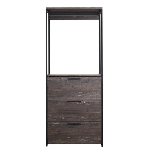 Tall dark wood storage cabinet with three drawers and open shelving