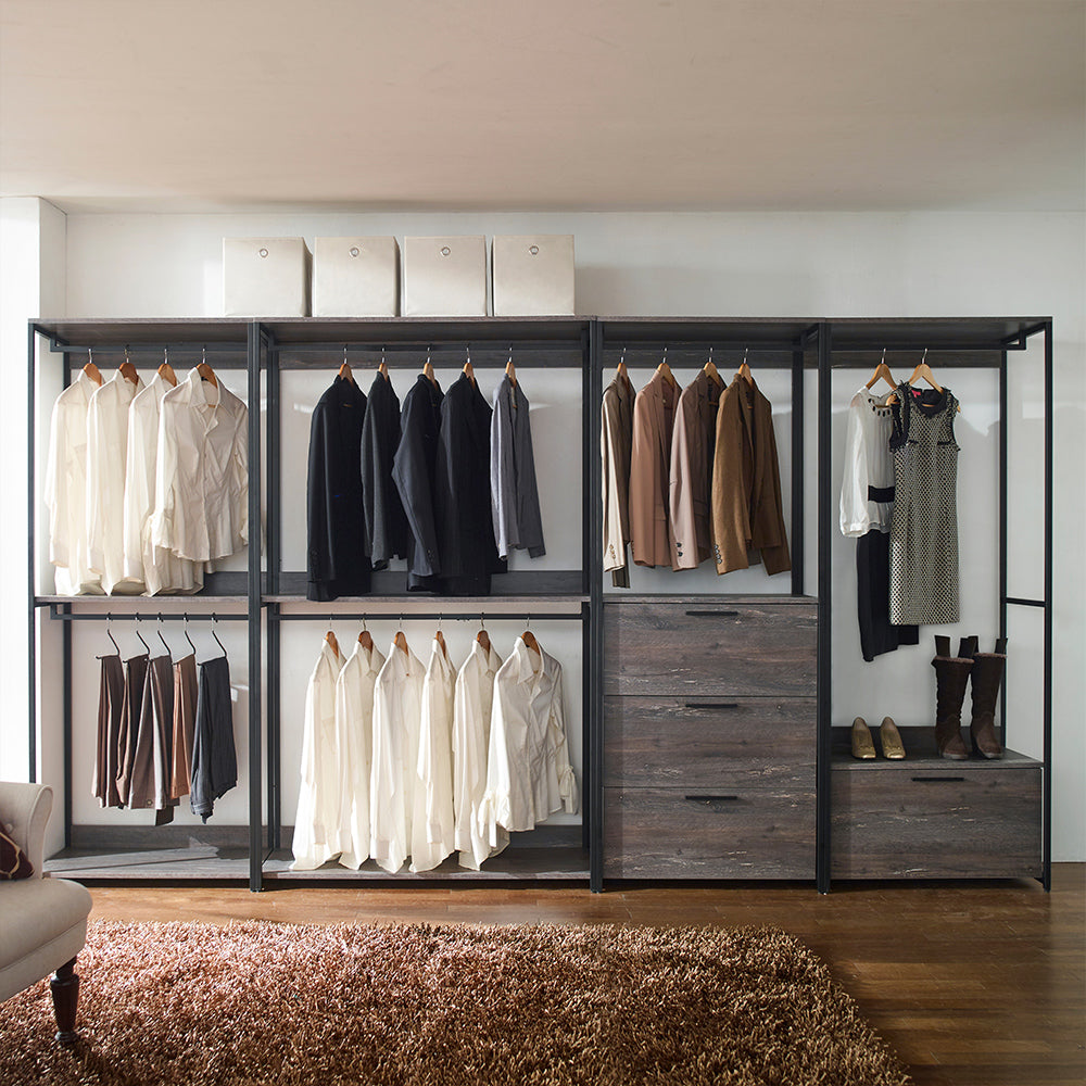 Modern open closet system with various apparel