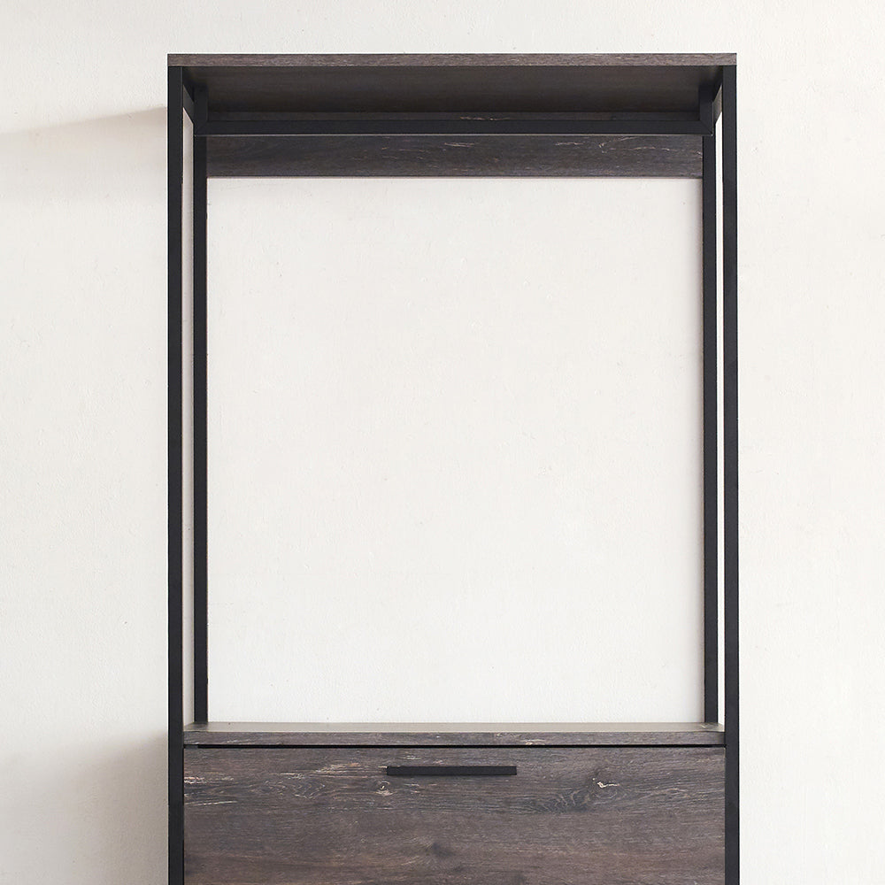 Modern dark wood and black metal shelf unit with drawer