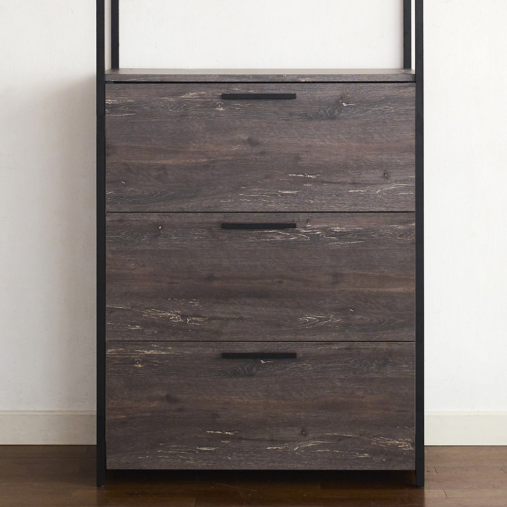 Dark oak drawer storage cabinet with black metal frame