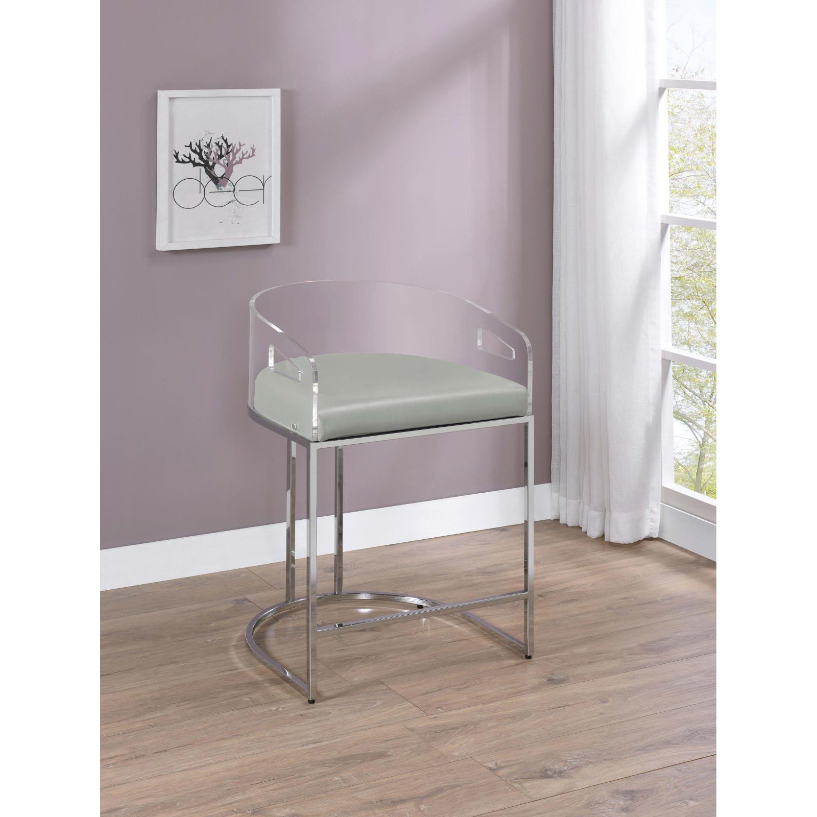 Modern clear acrylic bar stool with a sleek chrome base and grey upholstered seat